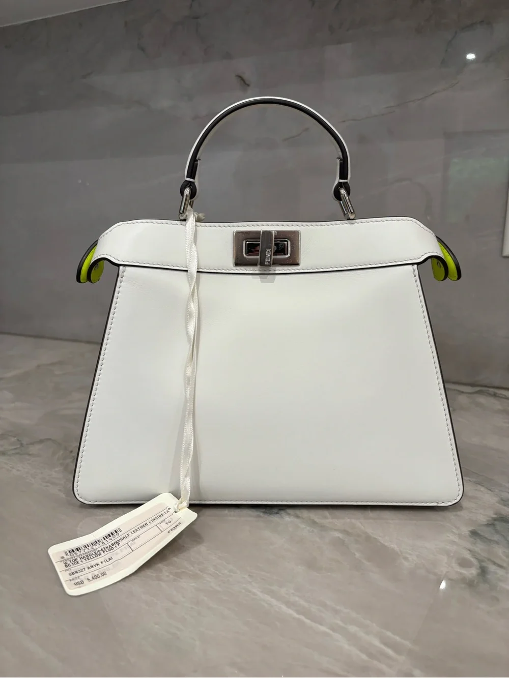 Fendi Peekaboo ISeeU Small Top-Handle Leather Handbag with Neon Lime